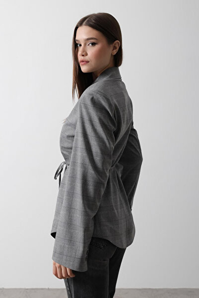 Trendyol Collection Anthracite Plaid Pattern Lace-Up Blazer Jacket Twoaw26Bc00036