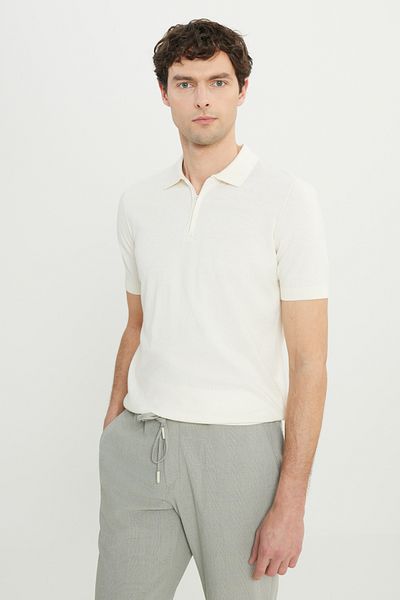 AC&Co / Altınyıldız Classics Men's Ecru 100% Cotton Standard Fit Regular Cut Polo Neck Knitwear T-Shirt