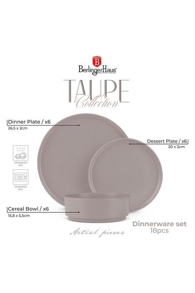 Berlinger Haus Sada jídelních talířů Sada talířů Stoneware 18 ks Taupe Collection Vhodné do myčky a mikrovlnné trouby
