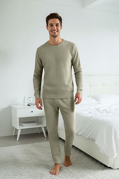 Trendyol Collection Light Khaki Men's Waffle Reglan Sleeve Regular Fit Knitted Men's Pajamas Set Tmnaw23Pt00015