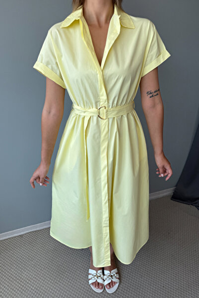 Trendyol Collection Light Yellow Belted Midi Poplin Woven Dress Twoss25El00921