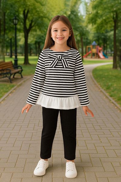 TRENDYOLKIDS Black Girls Cotton Striped Knitted Sweatshirt Tracksuit Bottom-Top Set Tkdaw25Au00053