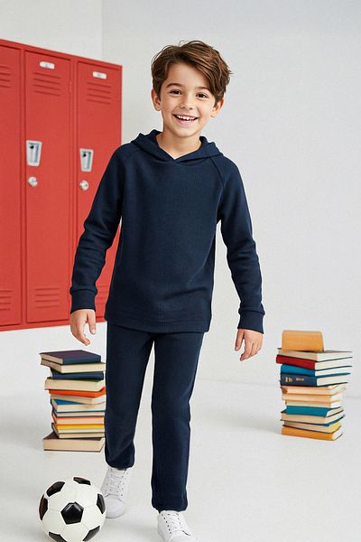 TRENDYOLKIDS Navy Blue Boy's Cotton Solid Hooded Oversize Knitted Bottom - Top Set Tkdaw26Au00015