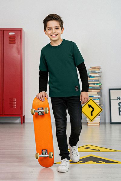 TRENDYOLKIDS Emerald Green*001 Boy's 100% Cotton Printed Regular Knitted T-Shirt Tkdaw26Ts00012