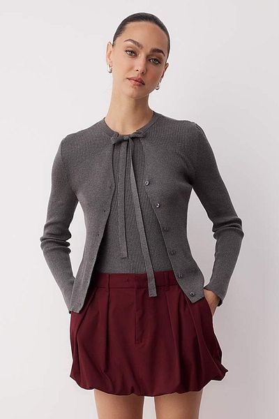 Trendyol Collection Dark Gray Mercerized Look Collar Tie Detail Fitted/Body Hugging Knitwear Cardigan Twoaw26Hi00085
