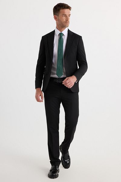 Tudors Men's Regular Fit Black Stretchy Lycra Fabric Mono Collar Suit with Flap Pockets