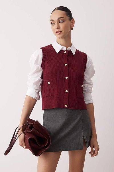 Trendyol Collection Burgundy Cotton Blend Crop/Short Vest Twoaw26Ye00009