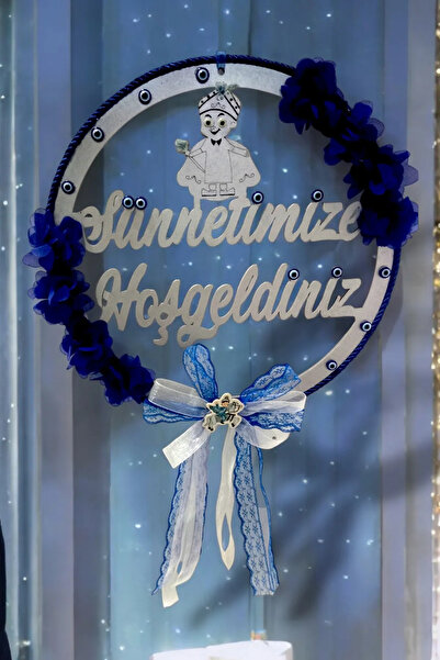 Tasarım Sünnet Kapı Süsü ( Ahşap Mavi Çiçekli Sünnetimize Hoşgeldiniz Kapı Süsü)