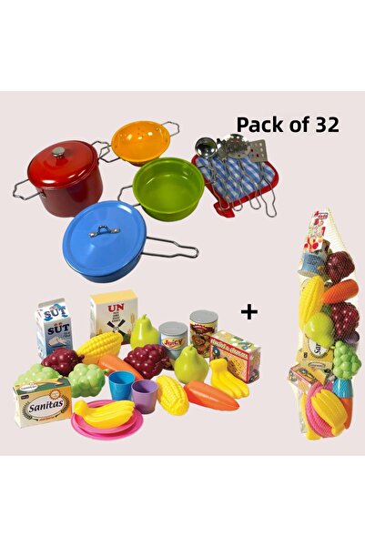 YILDIRIM OYUNCAK طقم وعاء لعبة معدني من المينا المقاوم للصدأ 11 قطعة - شبكة فواكه 21 قطعة إجمالي 32 قطعة