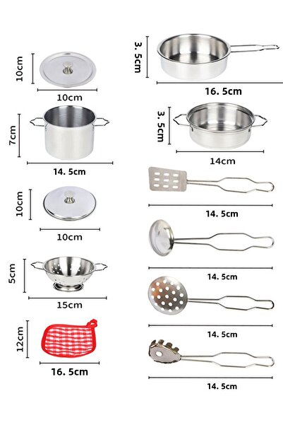 Toyaş 11 Pieces Steel Saucepan Pan Set Girls Toy Dollhouse Toys Metal Girls Cookware Set Toy