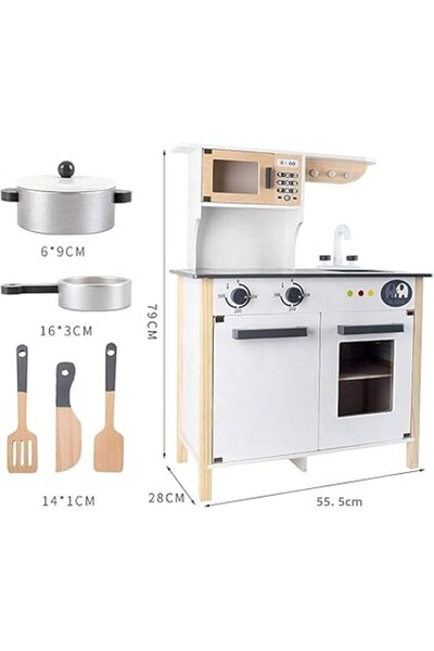 ALBADER Play Kitchen, Real Wooden Kitchen Set for Kids with Microwave, Wooden Play Kitchen