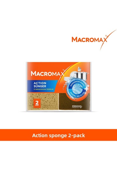 MACRO MAX Action Sponge 2 Pack, Natural Cellulose Maximum Absorbent Non-Marking Dishwashing Sponge