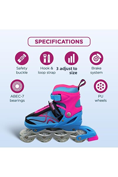 Endless Inline Adjustable Skates | Large Size 39-43 Eur | Pink, Blue | Flashing Wheels
