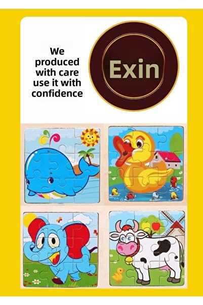 EXİN لغز خشبي تعليمي 4 قطع الحوت والفيل والفرخ والبقرة لغزي الأول مع أشكال حي...