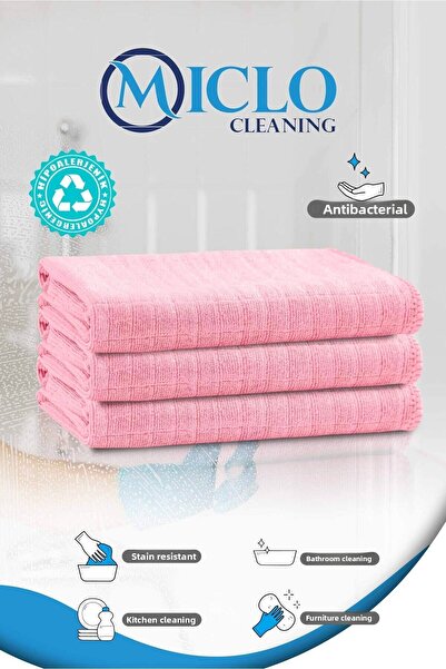 MICLO CLEANING قماش مطبخ من الألياف الدقيقة المقاوم للبقع مقاس 40 × 40 سم - مناسب للاستخدام مع المنظفات، وردي، × 3 قطع