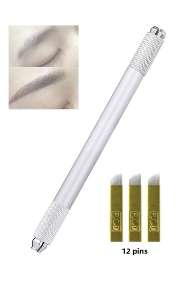 SYS قلم Microblading فولاذي مزدوج الجوانب قابل للاستخدام و3 إبر 12 دبوسًا معًا