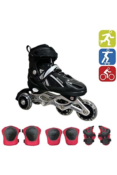 Depomiks Avm Black Double Row Adjustable Lighted Aluminum Body Practice Skates + Protective Knee Pad Set