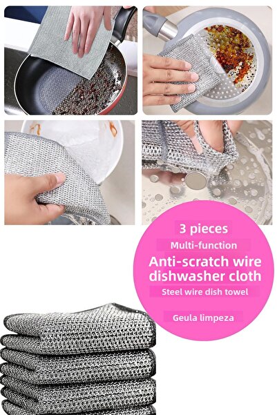 Ecolux 3 Pieces of Inox Wire Cloth - Dish, Difficult Dirt and Kitchen Bathroom Cloth, Double Layer and Multi-Purpose