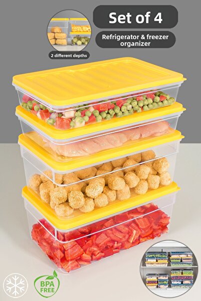 Meleni Home Set de 4 organizatoare pentru frigider - Recipient pentru congelator pentru cuptor cu microunde adânc și superficial, M galben