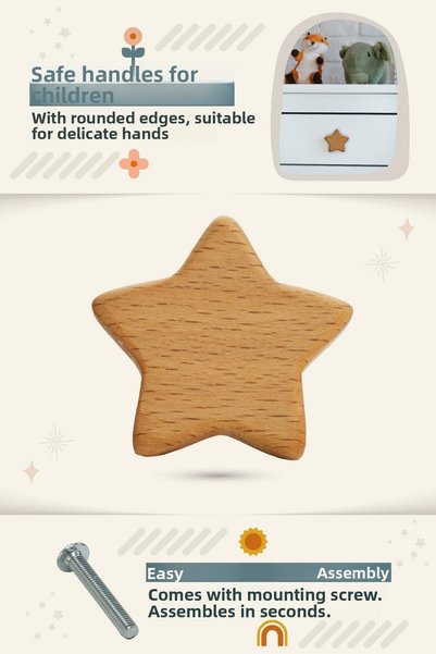 Üreet Star Design Wooden Cabinet Handle - Stylish and Cheerful Touch in the Children's Room (Single)