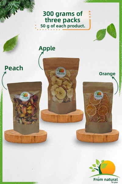 DoğalındanSize عبوة من 3 فواكه مجففة - 300 جرام التفاح والخوخ والبرتقال (100 جرام. 100 غرام. 100 جرام)