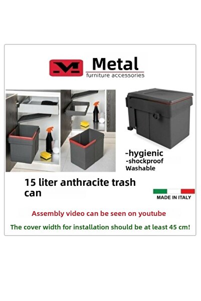 Metax Unscented In-Cabinet Trash Can Anthracite 15Lt (Cabinet Door Width Mini. 45cm)