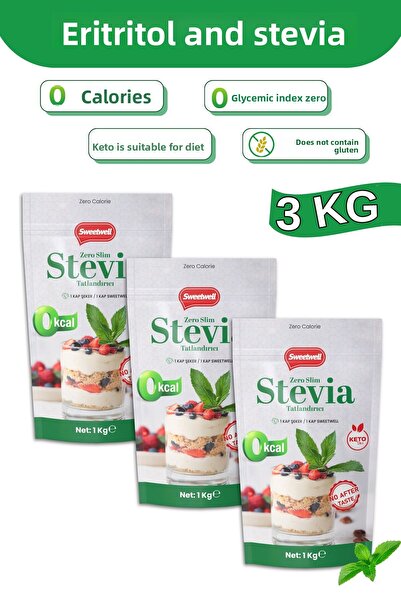 Sweetwell زيرو سليم ستيفيا وإريتريتول مُحلي 1 كجم × 3 قطع خالي من السكر، 0 سع...