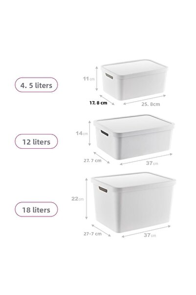 Smartware مجموعة من 3 صناديق ستافي مع أغطية بيضاء (4,5-12-18 لتر)