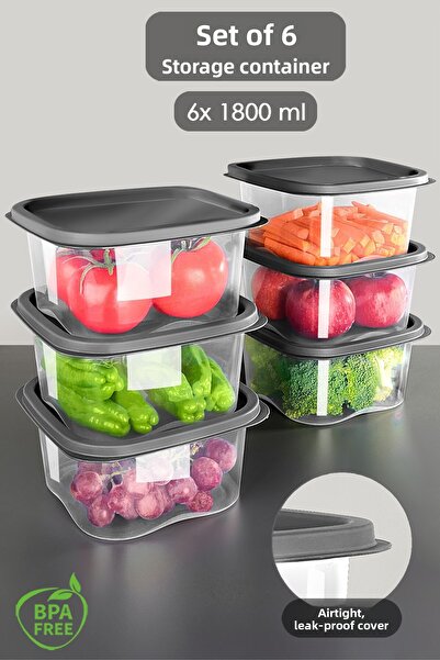 Meleni Home طقم تخزين طعام مربع مكون من 6 قطع - ثلاجة أنثراسايت سعة 1800 مل وحاوية فريزر للميكروويف