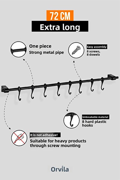 Orvila Μαύρη Μεταλλική Κρεμάστρα Κουζίνας και Μπάνιου Κρεμάστρα πολλαπλών χρή...