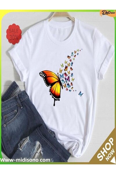 CLASSY.MODA تي شيرت نسائي من جيرسي واحد - تي شيرت أبيض مطبوع كبير الحجم بياقة...