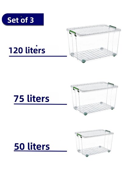 Loremp Wheeled Storage Box Set of 3 120 Lt - 75 Lt - 50 Lt Shoe/Kitchen/Bathr...