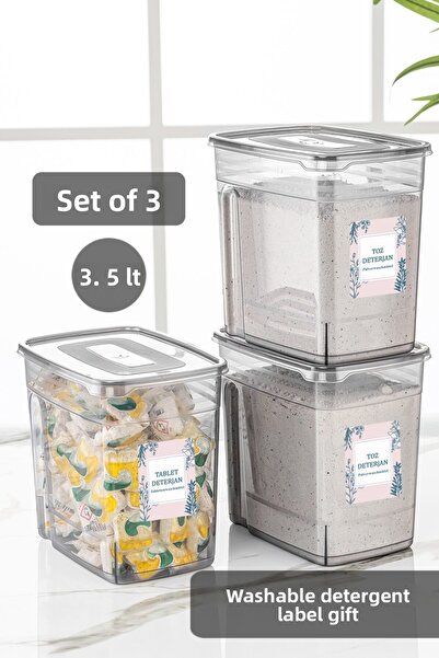 Meleni Home صندوق تخزين منظم الحمام لينا 3 قطع سعة 3.5 لتر مع ملصق - حاوية تخزين مسحوق ومنظفات الأجهزة اللوحية