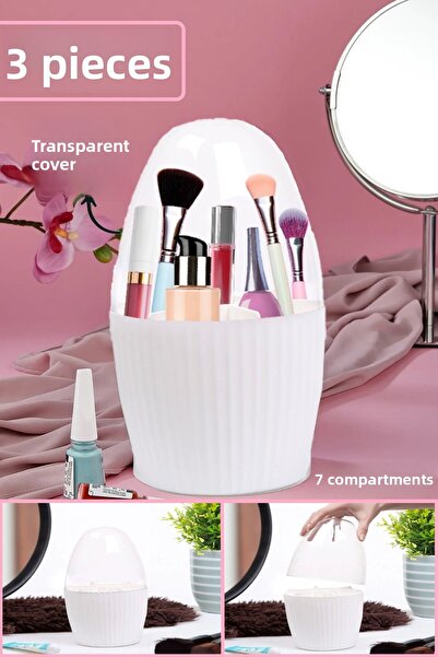 Bayev 3 Pieces 7 Compartment Makeup Brush and Cosmetic Organizer with Transparent Lid Collector Organizer White