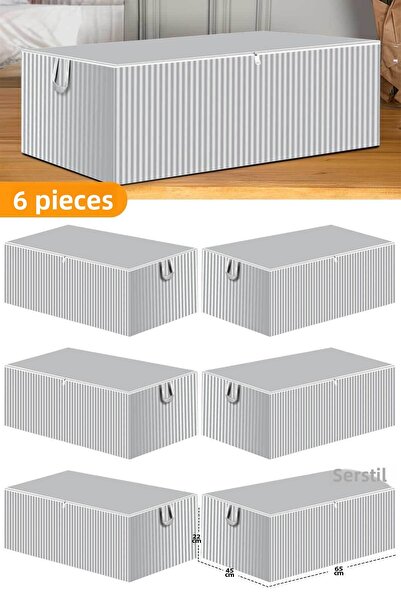 Serstil 6 Pieces - Anthracite Striped Large Size Bed Base and Sofa Bed Type Storage Bag 65 x 45 x 22 cm