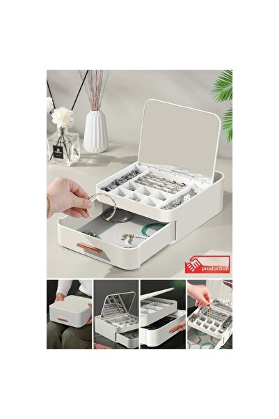 Urve Plastik منظم مجوهرات مكياج متعدد الأقسام مع مرآة من Urve House كريم UR-3438