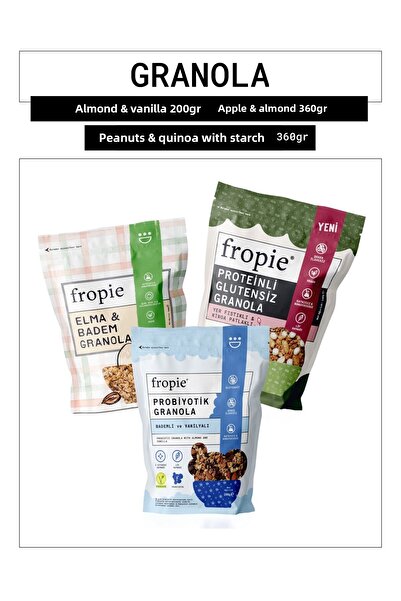 FROPİE Probiotic Almond & Vanilla - Apple & Almond - Gluten-Free Peanut & Quinoa Puffed Granola Set of 3