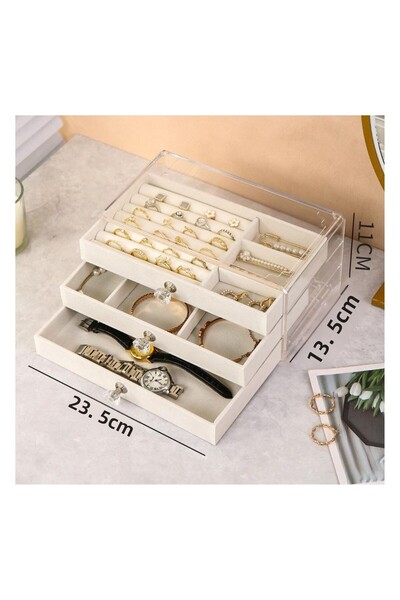 ÖZER KUTU Acrylic 3 Velvet Drawers Jewelry Organizer,Organizer (13X23 cm)