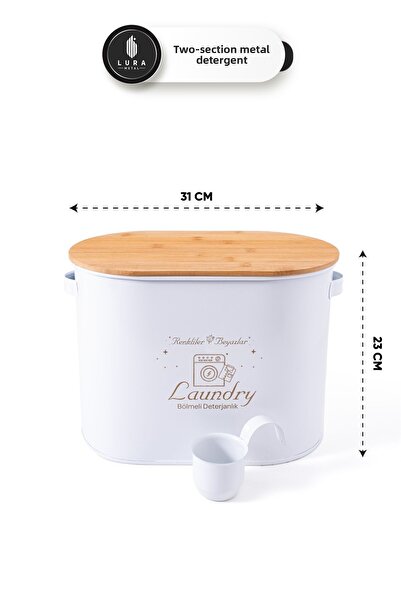 Lura Metal Two Compartment White Bamboo Lid Metal Detergent Tablet Storage Box - 12 Lt