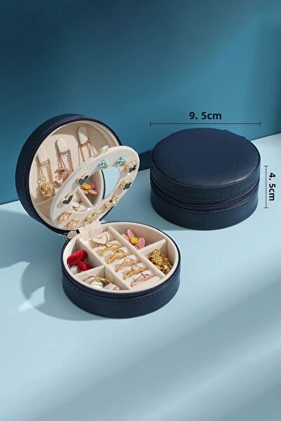 Chavin Navy Blue Leather Travel Ring Earrings - Mirrored Necklace Set St1-69Lc