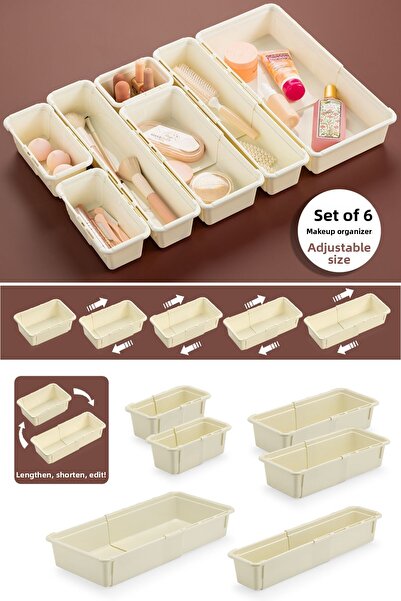 Meleni Home 6 Pieces Expandable Makeup Organizer - Adjustable Modular Drawer Inside Jewelry Accessories Organizer
