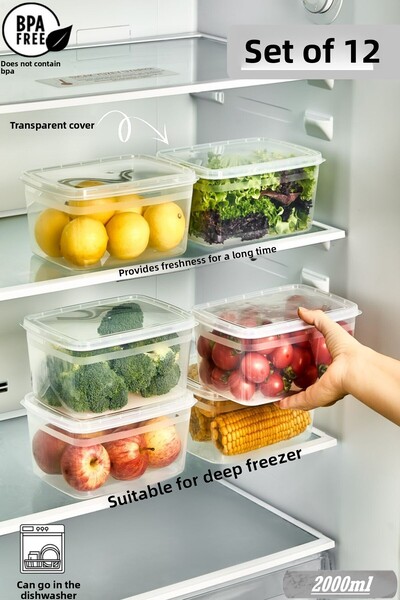 Bayev 12 Pieces Huge Transparent 2 LT Refrigerator Storage Container - Vegetable Box Suitable for Deep Freezer