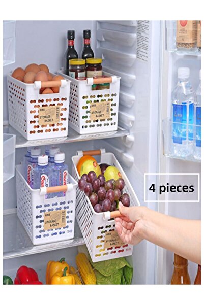 Bayev 4 Pieces White Wooden Colored Refrigerator - Kitchen and Bathroom Organizer Organizer Basket