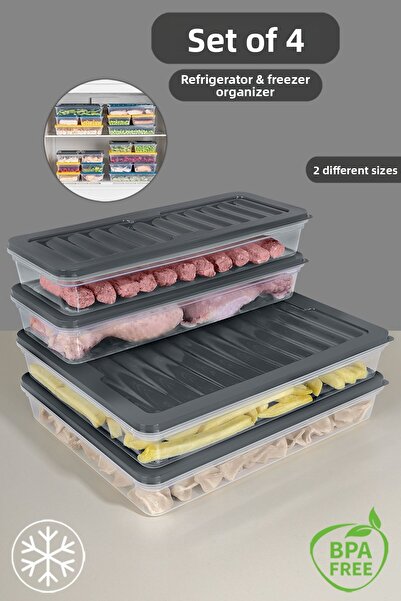 Meleni Home Set organizator frigider antracit 4 piese - 2x2400ml 2x1170ml recipient pentru congelator