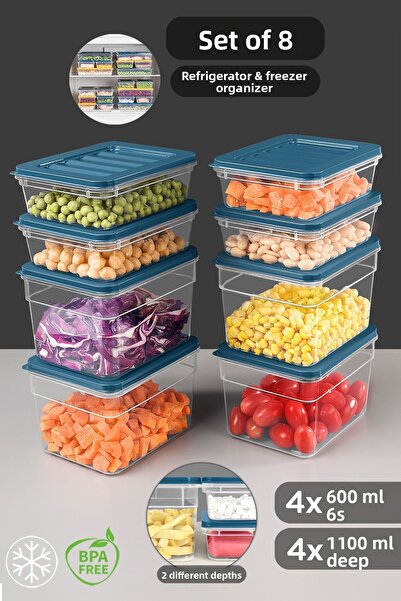 Meleni Home Set de 8 organizatoare pentru frigider Container pentru depozitarea alimentelor Container pentru congelator adânc și superficial S Albastru