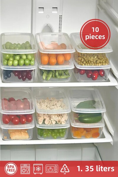 BRAMBLE LIFE 10Pcs Clear Organizer - 1.35 Lt Rectangular Refrigerator and Vegetable Storage Container Set