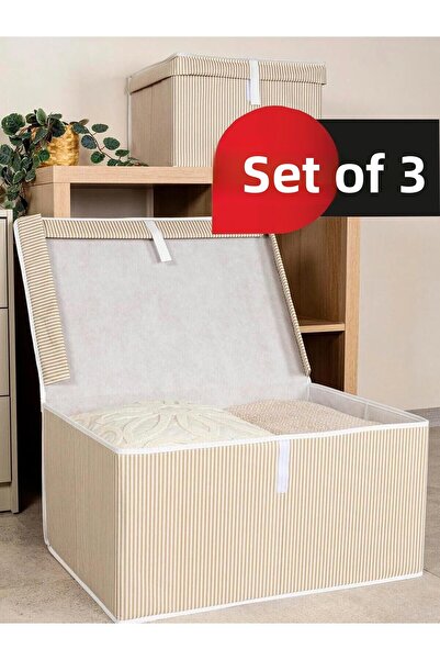 Smyak صندوق كبير الحجم باللون البيج مع غطاء - 60*40*30، 3 قطع