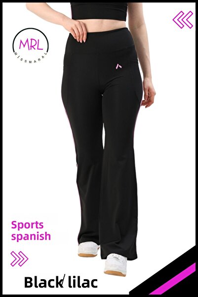 missmaral Women's Tights, Trousers, High Waist, Black/Lilac Stripe Detail, with Pocket 1042