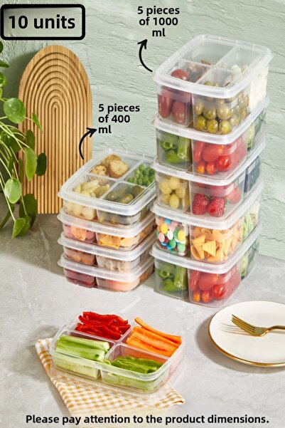 Bayev 10 Pieces 2 Size Transparent Compartment Storage Container Set 5+5 (5 PCS 400 ML) (5 PCS 1000 ML) Freezer Container