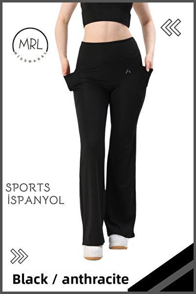 missmaral Women's Tights Pants, High Waist Gathering Black/Anthracite Stripe Landing Pocket 1042